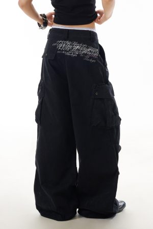 Trendy American-Style Letter Print High Street Multi-Pocket Work Pants for Women, Hip-Hop Slimming Straight-Leg Trousers