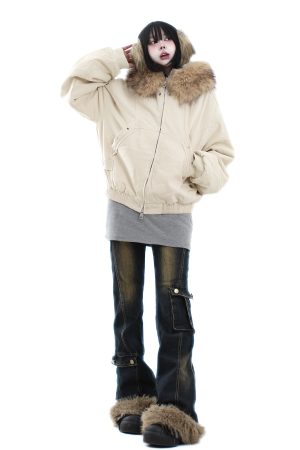Trendy American Vintage Mountain Carving Fur Collar Cotton Jacket for Women and Men - Winter High Street Fashion Outerwear