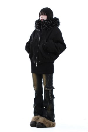 Trendy American Vintage Mountain Carving Fur Collar Cotton Jacket for Women and Men - Winter High Street Fashion Outerwear
