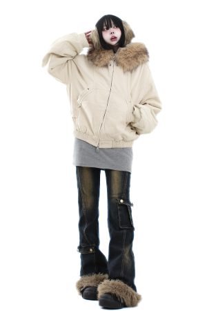 Trendy American Vintage Mountain Carving Fur Collar Cotton Jacket for Women and Men - Winter High Street Fashion Outerwear