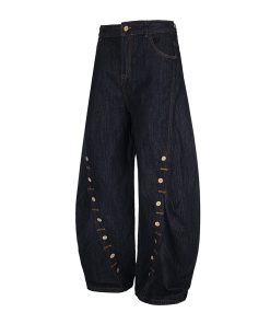 Trendy Baggy Machete Pants with Horn Button Decorative Design - American Style Curved Knife Jeans for a Chic Look