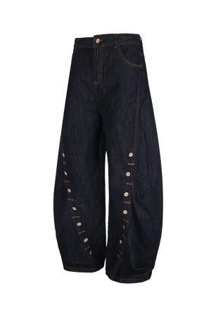Trendy Baggy Machete Pants with Horn Button Decorative Design - American Style Curved Knife Jeans for a Chic Look