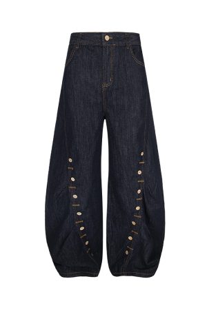 Trendy Baggy Machete Pants with Horn Button Decorative Design - American Style Curved Knife Jeans for a Chic Look