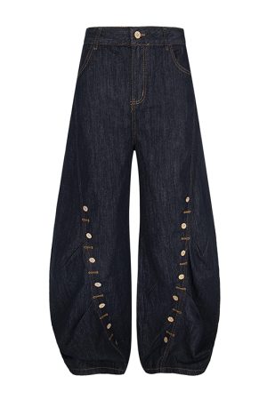 Trendy Baggy Machete Pants with Horn Button Decorative Design - American Style Curved Knife Jeans for a Chic Look