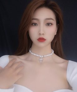 Trendy Baroque Pearl Choker Necklace for Women with French Cross Pendant â€“ Light Luxury Clavicle Chain