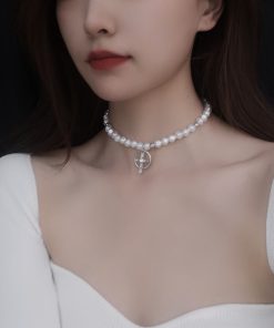 Trendy Baroque Pearl Choker Necklace for Women with French Cross Pendant â€“ Light Luxury Clavicle Chain