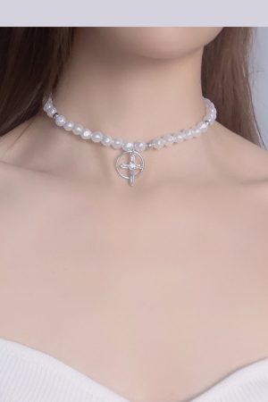 Trendy Baroque Pearl Choker Necklace for Women with French Cross Pendant â€“ Light Luxury Clavicle Chain