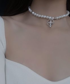 Trendy Baroque Pearl Choker Necklace for Women with French Cross Pendant â€“ Light Luxury Clavicle Chain