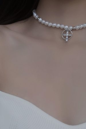 Trendy Baroque Pearl Choker Necklace for Women with French Cross Pendant â€“ Light Luxury Clavicle Chain