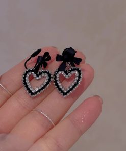Trendy Black Bow Heart Earrings for Women - 2025 High-Quality Mosquito Coil Ear Clips, Cute Niche Fashion Accessory