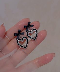 Trendy Black Bow Heart Earrings for Women - 2025 High-Quality Mosquito Coil Ear Clips, Cute Niche Fashion Accessory