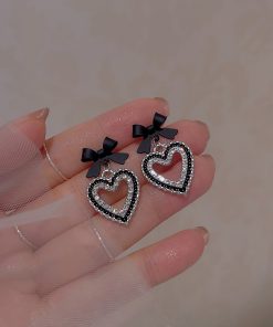 Trendy Black Bow Heart Earrings for Women - 2025 High-Quality Mosquito Coil Ear Clips, Cute Niche Fashion Accessory