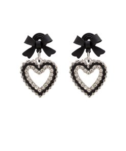 Trendy Black Bow Heart Earrings for Women - 2025 High-Quality Mosquito Coil Ear Clips, Cute Niche Fashion Accessory