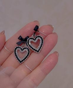 Trendy Black Bow Heart Earrings for Women - 2025 High-Quality Mosquito Coil Ear Clips, Cute Niche Fashion Accessory