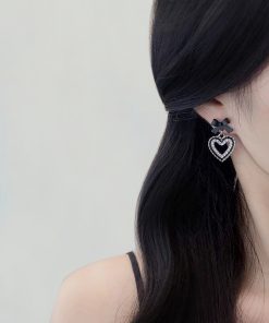 Trendy Black Bow Heart Earrings for Women - 2025 High-Quality Mosquito Coil Ear Clips, Cute Niche Fashion Accessory