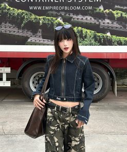 Trendy Black Denim Jacket for Women with Shoulder Pads - Vintage American Style, Short Regular Fit, Perfect for Hot Girls