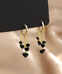 Trendy Black Heart Tassel Ear Clip Earrings for Women - Elegant Niche Design Studs, 2025 Fashion Accessory
