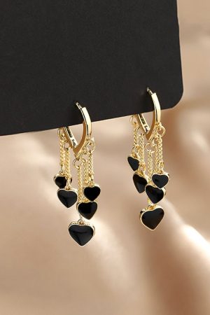 Trendy Black Heart Tassel Ear Clip Earrings for Women - Elegant Niche Design Studs, 2025 Fashion Accessory