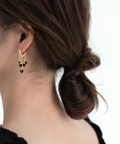 Trendy Black Heart Tassel Ear Clip Earrings for Women - Elegant Niche Design Studs, 2025 Fashion Accessory