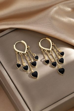 Trendy Black Heart Tassel Ear Clip Earrings for Women - Elegant Niche Design Studs, 2025 Fashion Accessory