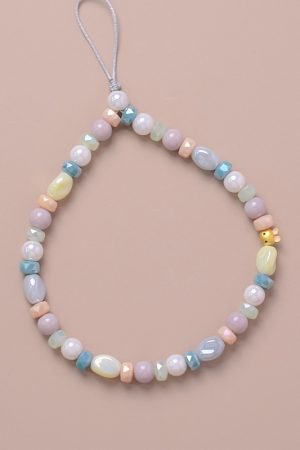Trendy Blue and Pink Rabbit Crystal Bead Chain Wrist Lanyard Phone Case Keychain Bag Pendant for Girls
