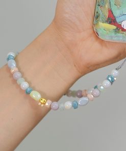 Trendy Blue and Pink Rabbit Crystal Bead Chain Wrist Lanyard Phone Case Keychain Bag Pendant for Girls