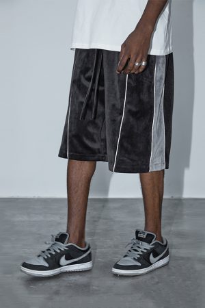 Trendy Casual Five-Point Shorts with 3M Reflective Strip, Velvet Color-Blocking, and Glossy Drawstring - Y2K Street Style