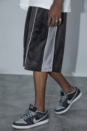Trendy Casual Five-Point Shorts with 3M Reflective Strip, Velvet Color-Blocking, and Glossy Drawstring - Y2K Street Style