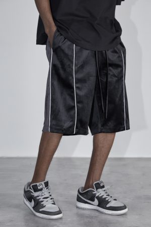 Trendy Casual Five-Point Shorts with 3M Reflective Strip, Velvet Color-Blocking, and Glossy Drawstring - Y2K Street Style