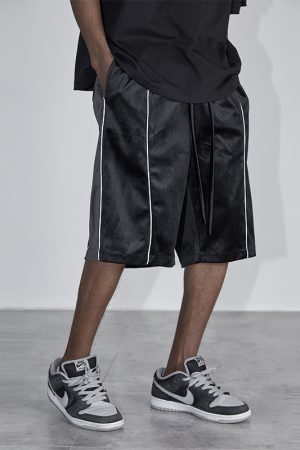 Trendy Casual Five-Point Shorts with 3M Reflective Strip, Velvet Color-Blocking, and Glossy Drawstring - Y2K Street Style