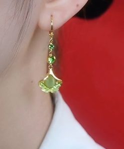 Trendy Cat's Eye Stone Ear Clips, High-End Green Ginkgo Leaf Earrings, Fashionable Internet Celebrity Style Accessories