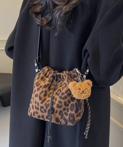 Trendy Checkered Crossbody Bag with Leopard Print - Versatile Women's Bucket Bag for Spring and Summer 2025