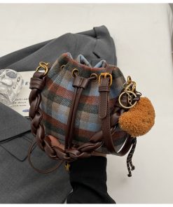 Trendy Checkered Crossbody Bag with Leopard Print - Versatile Women's Bucket Bag for Spring and Summer 2025