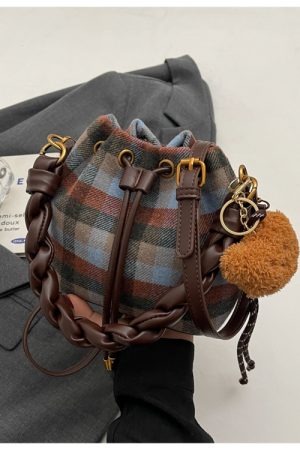 Trendy Checkered Crossbody Bag with Leopard Print - Versatile Women's Bucket Bag for Spring and Summer 2025