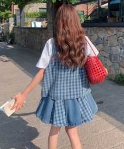 Trendy Checkered Denim Vest and Skirt Three-Piece Set for Summer - Age-Reducing OOTD, High-End College Style