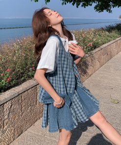 Trendy Checkered Denim Vest and Skirt Three-Piece Set for Summer - Age-Reducing OOTD, High-End College Style