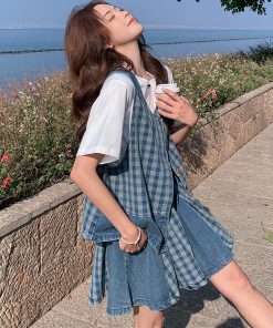 Trendy Checkered Denim Vest and Skirt Three-Piece Set for Summer - Age-Reducing OOTD, High-End College Style