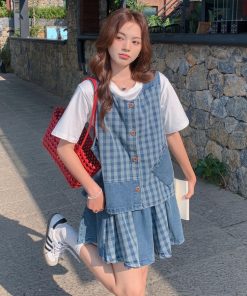 Trendy Checkered Denim Vest and Skirt Three-Piece Set for Summer - Age-Reducing OOTD, High-End College Style