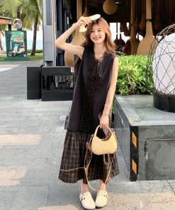 Trendy Checkered Patchwork Vest Dress for Summer Travel - Unique Fashion Statement for 90s and Y2K Style Lovers