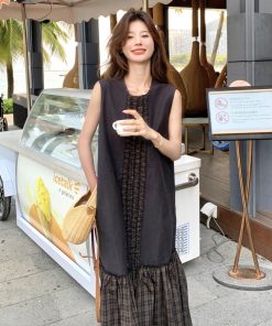 Trendy Checkered Patchwork Vest Dress for Summer Travel - Unique Fashion Statement for 90s and Y2K Style Lovers