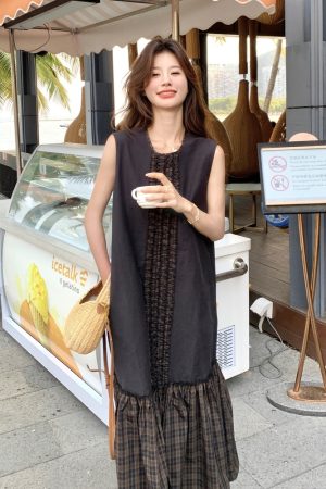 Trendy Checkered Patchwork Vest Dress for Summer Travel - Unique Fashion Statement for 90s and Y2K Style Lovers