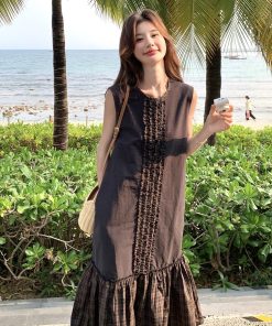 Trendy Checkered Patchwork Vest Dress for Summer Travel - Unique Fashion Statement for 90s and Y2K Style Lovers