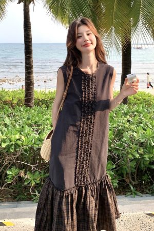 Trendy Checkered Patchwork Vest Dress for Summer Travel - Unique Fashion Statement for 90s and Y2K Style Lovers