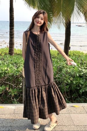 Trendy Checkered Patchwork Vest Dress for Summer Travel - Unique Fashion Statement for 90s and Y2K Style Lovers