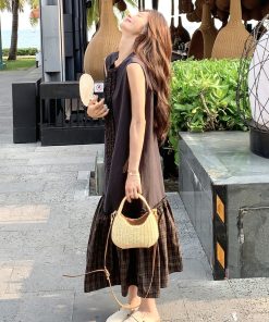 Trendy Checkered Patchwork Vest Dress for Summer Travel - Unique Fashion Statement for 90s and Y2K Style Lovers
