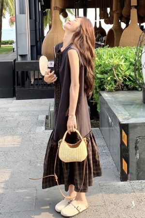 Trendy Checkered Patchwork Vest Dress for Summer Travel - Unique Fashion Statement for 90s and Y2K Style Lovers