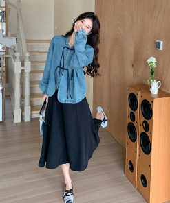 Trendy Chinese-Style Buttoned Denim Jacket and Black Skirt Two-Piece Fashion Set - Chic Y2K Look for Modern Wardrobe