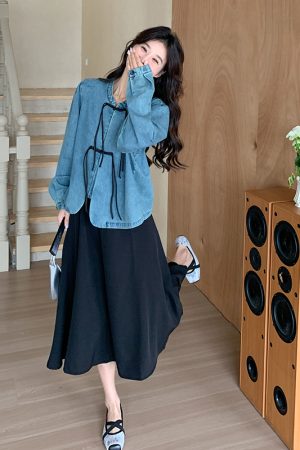 Trendy Chinese-Style Buttoned Denim Jacket and Black Skirt Two-Piece Fashion Set - Chic Y2K Look for Modern Wardrobe