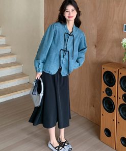 Trendy Chinese-Style Buttoned Denim Jacket and Black Skirt Two-Piece Fashion Set - Chic Y2K Look for Modern Wardrobe