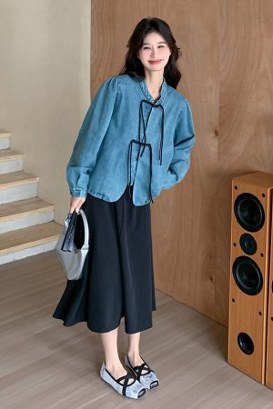Trendy Chinese-Style Buttoned Denim Jacket and Black Skirt Two-Piece Fashion Set - Chic Y2K Look for Modern Wardrobe